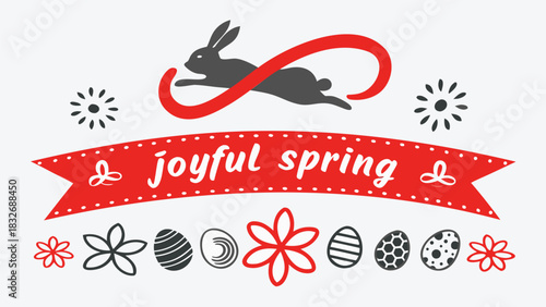 A playful grey bunny jumps over a red ribbon with the words joyful spring in white lettering surrounded by decorative elements like flowers and easter eggs
