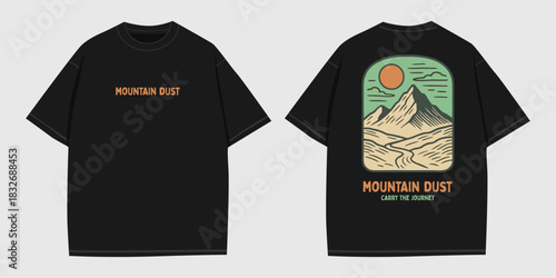 Mountain Dust Scenic Landscape Graphic For Apparel, Retro Mountain Journey Illustration For Printing, Vintage Outdoor Nature Artwork For Shirts, Rugged Wilderness Mountain Design For Merch