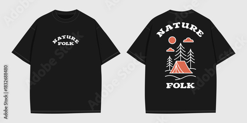 Nature Folk Camping Graphic For Apparel, Retro Forest Tent Illustration For Printing, Vintage Outdoor Scenery Artwork For Shirts, Rustic Wilderness Landscape Design For Merch