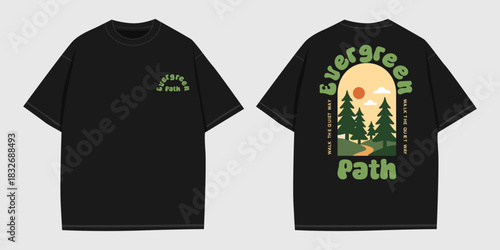Evergreen Forest Landscape Graphic For Apparel, Retro Nature Trail Illustration For Printing, Scenic Sunrise Outdoor Artwork For Shirts, Vintage Hiking Path Design For Merch