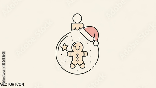 Whimsical christmas ornament featuring a smiling gingerbread man and a star inside a clear bauble adorned with a festive santa hat and subtle dots representing snow or glitter