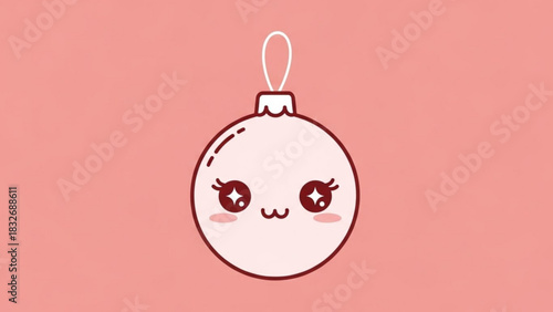 Cute kawaii christmas ornament with a happy face and blush cheeks on a soft pink background festive holiday decoration illustration
