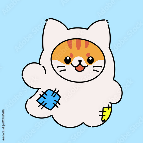 Cute cat dressed in a Halloween ghost costume with stitched patches.