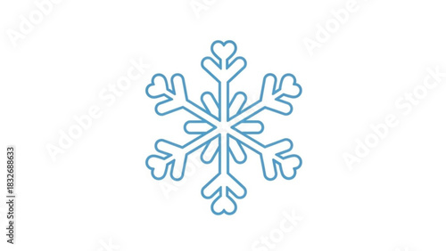 A simple stylized blue snowflake icon with six symmetrical points each ending in a heart shape set against a clean white background