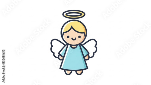A cute simple cartoon illustration of a friendly angel with blonde hair white wings a golden halo and a light blue robe on a white background