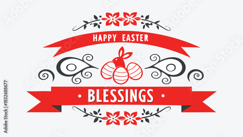 Happy easter blessings with a cute red bunny and decorated eggs surrounded by floral ornaments and decorative swirls on a light gray background