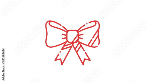 Simple red line art drawing of a bow with ribbon tails on a white background perfect for festive design elements and decorations