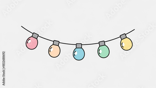 A string of five pastel colored cartoon light bulbs hangs on a wire against a plain light gray background perfect for festive decorations