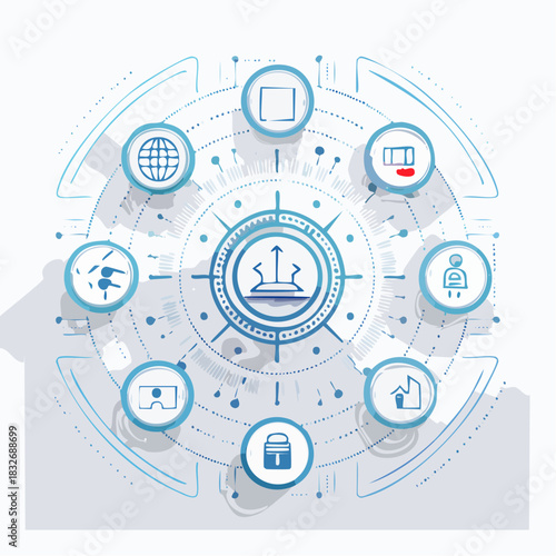 A circular diagram depicting interconnected icons representing various technological concepts and ideas.