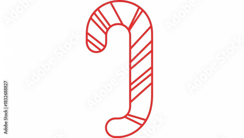 A simple red outline of a classic candy cane with diagonal stripes on a white background perfect for holiday decorations and designs