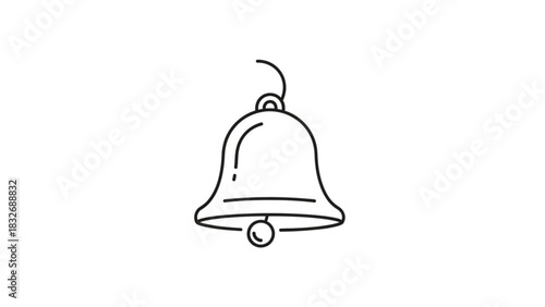 A simple clean line art illustration of a classic bell with a clapper hanging from a loop against a white background perfect for icons and design elements