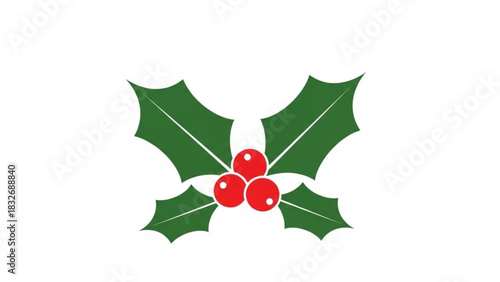 A simple stylized illustration of bright red holly berries nestled amongst glossy green holly leaves on a clean white background perfect for festive holiday designs