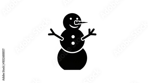A simple black and white graphic illustration of a cheerful snowman with stick arms button eyes and a carrot nose isolated on a white background