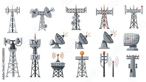 Diverse collection of telecommunication towers, radio antennas, and broadcast masts for global wireless network connectivity