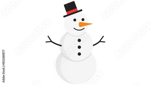 A cheerful cartoon snowman wearing a black top hat with a red band and a bright orange carrot nose stands against a clean white background with stick arms