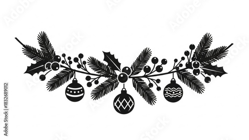 Elegant black and white festive christmas garland featuring pine branches holly leaves berries and decorative ornaments on a clean white background