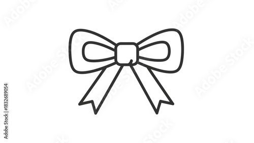 Simple black outline drawing of a classic bow tie with two loops and two hanging ribbons on a white background