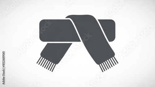 A simple stylized icon of a dark gray scarf with fringed ends is depicted against a clean white background representing winter warmth and fashion