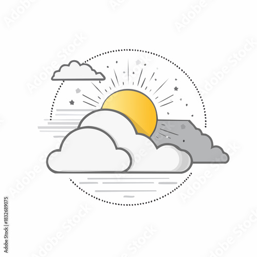 Illustration of a sunny sky with clouds, sunburst, and dotted circle.