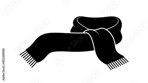 A simple black silhouette of a knitted scarf with fringe ends is tied in a knot and displayed on a white background