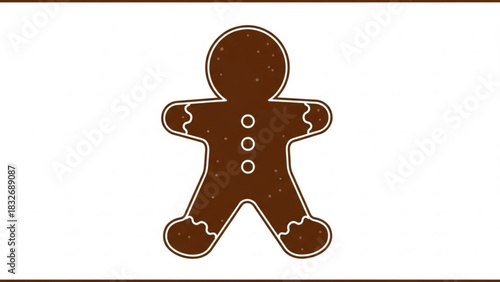 A simple brown gingerbread man cookie with white icing trim and three white circles for buttons isolated on a white background with a thin brown border at the top and bottom