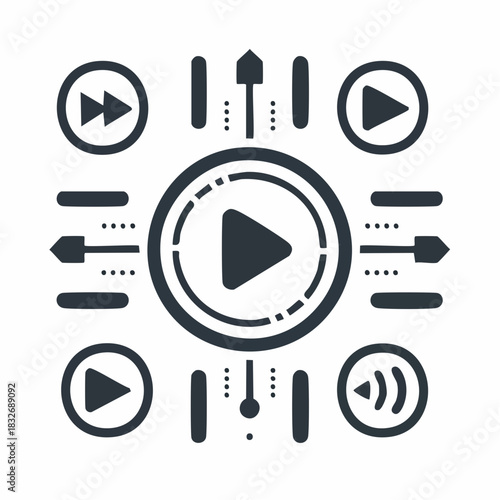 Stylized audio control panel illustration with play, forward, and volume buttons in a circular arrangement.