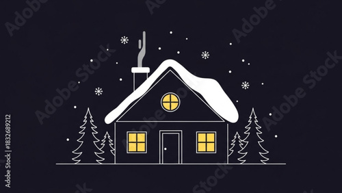 Cozy winter cabin with snow falling and warm lights glowing from the windows on a dark night surrounded by stylized pine trees