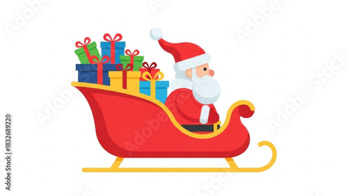 Santa claus riding in his red sleigh filled with colorful wrapped presents and ribbons ready for christmas delivery on a white background