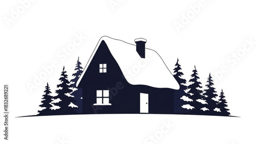 A charming silhouette of a snow covered house nestled amongst pine trees evoking a peaceful winter scene with a cozy inviting atmosphere and simple graphic design