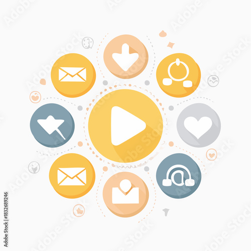 A circular graphic design featuring various social media icons and a central play button.