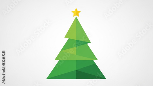 A minimalist geometric green christmas tree with a yellow star on top against a clean white background perfect for holiday design projects