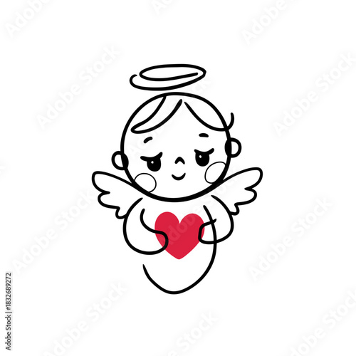 Cute angel holding red heart, hand draw line art symbol of love and innocence