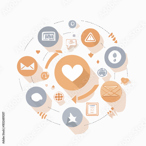 Circular arrangement of social media and communication icons around a central heart symbol, suggesting connection and networking.