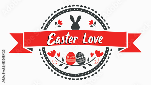 Festive easter emblem with a red ribbon a silhouette of a bunny decorative eggs and floral elements conveying a message of easter love and celebration