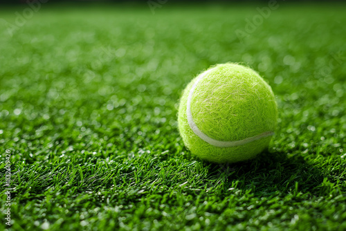 Vibrant green tennis ball rests on lush, artificial grass surface, showcasing its fuzzy texture and bright color. scene evokes sense of playfulness and energy, perfect for sports enthusiasts