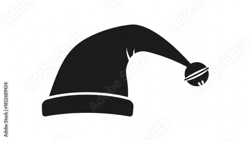 Simple black silhouette of a jester or elf hat with a bell on the tip isolated on a white background representing fun and festive occasions