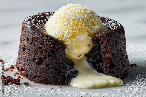 Decadent chocolate lava cake with molten center, topped with creamy vanilla ice cream, dusted with powdered sugar, and served on marble surface, creating indulgent dessert experience
