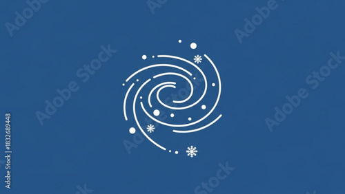 Abstract white swirling vortex with snowflakes and dots on a deep blue background representing a winter storm or cold weather phenomenon