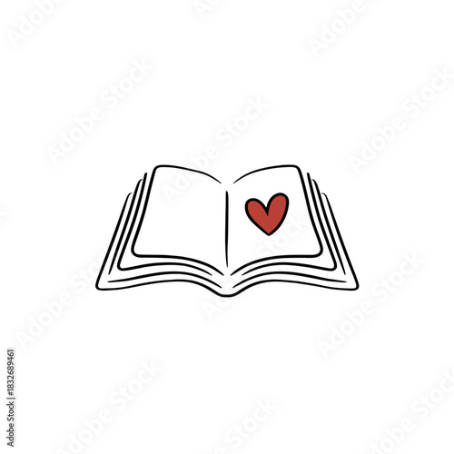 Open book with red heart, hand draw line art, love stories and romance symbol