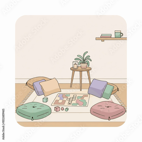 Floor board-game nook with cushions