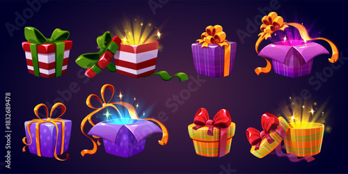 Set of open and closed gift boxes on background