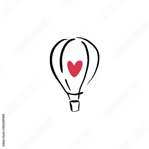 Hot air balloon with red heart, hand draw line art, romantic adventure symbol