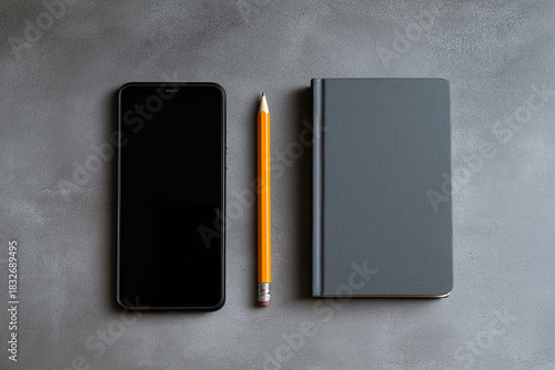 Minimalist flat lay of black smartphone, yellow pencil, and gray notebook on textured surface, creating modern and organized workspace aesthetic