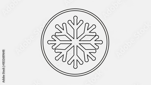 A simple black and white outline icon of a snowflake inside a double lined circle on a light gray background representing cold weather or a frozen symbol