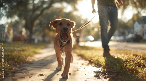Sunny evening walk with a happy dog along the neighborhood sidewalk