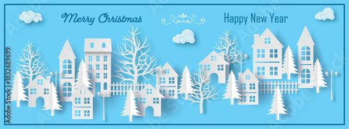 Merry Christmas and Happy New Year greeting card banner. Paper cut style snowy town with white houses and pine trees on a bright light blue background. Great for web design and prints.