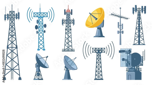 Diverse Collection of Modern Telecommunication Towers and Satellite Dishes for Global Connectivity and Network Infrastructure, Representing Wireless Technology