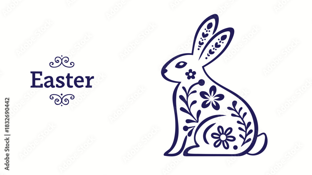Fototapeta premium Elegant navy blue easter bunny silhouette adorned with floral patterns sits beside the word easter in a decorative font on a clean white background