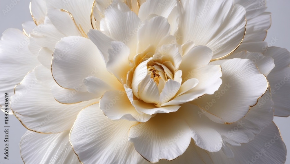 Fototapeta premium Close-up View of Pristine White Flower with Delicate Gold Edges and Golden Center Against a Soft Gray Background