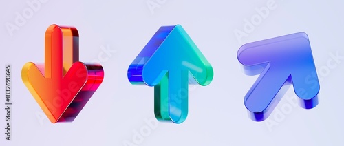 Set of 3D arrow icons, Colorful gradient glass like icon, glass holographic icon, minimal crystal clear, ideal for graphic design, UI UX interfaces, 3d render illustration.